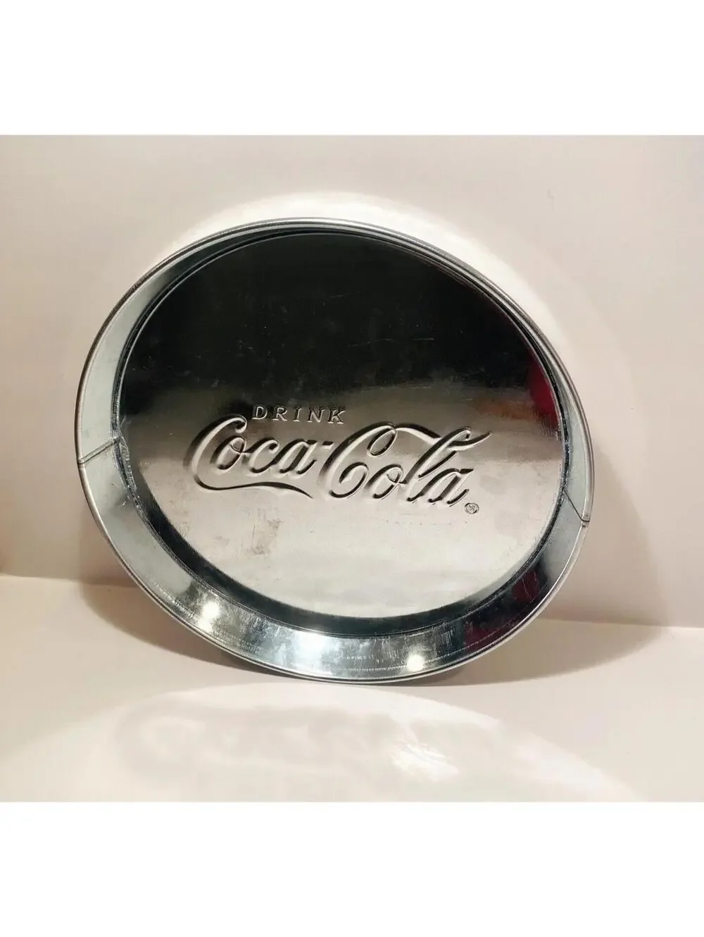 Coca Cola Chrome Silver Tin Tray Retro Coke Circle VTG Kitchen Decor Memorabilia